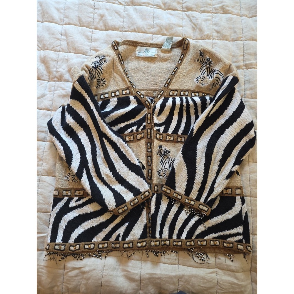 Design Options by Philip Jane Gordon Sweater M‎ Zebra Safari Beaded Button Up